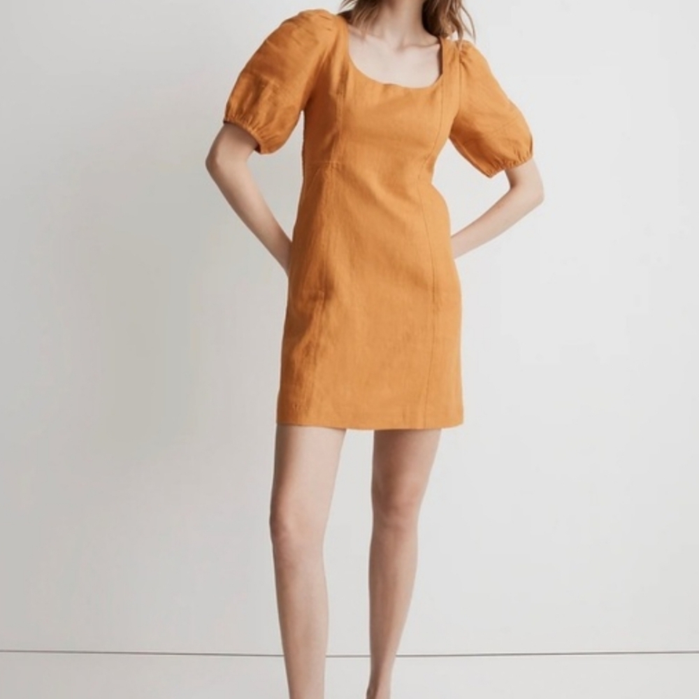 Madewell Maisie Mini Dress Linen in Ochre Fresco Tan Orange Size 0 Linen Pockets